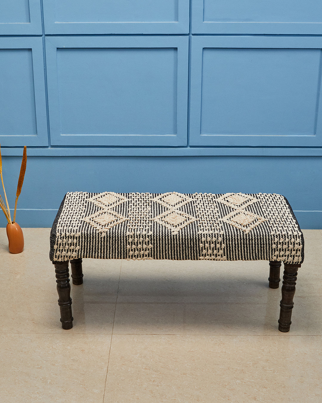 Black beige brown striped 4 legged wooden bench with removable legs