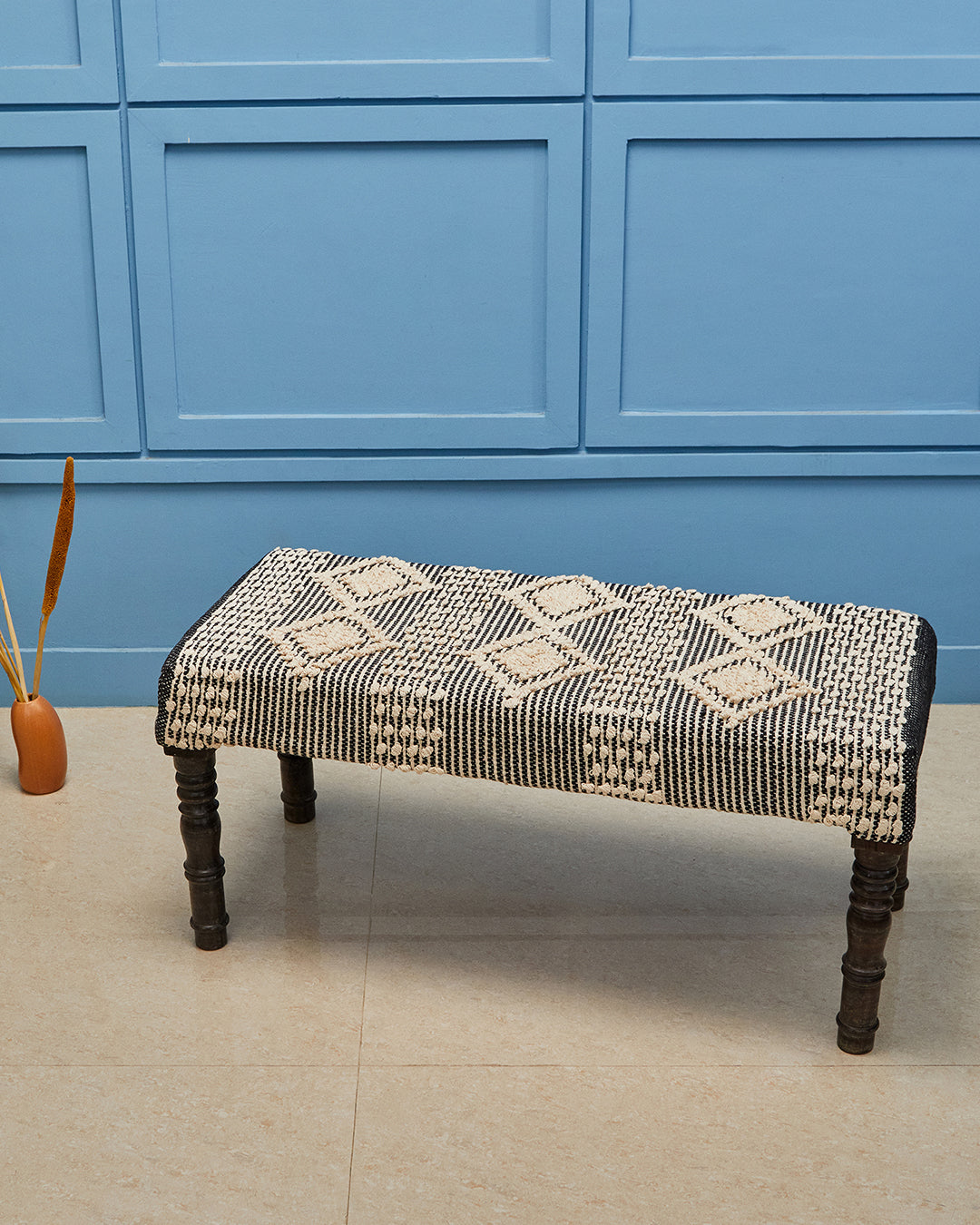 Black beige brown striped 4 legged wooden bench with removable legs