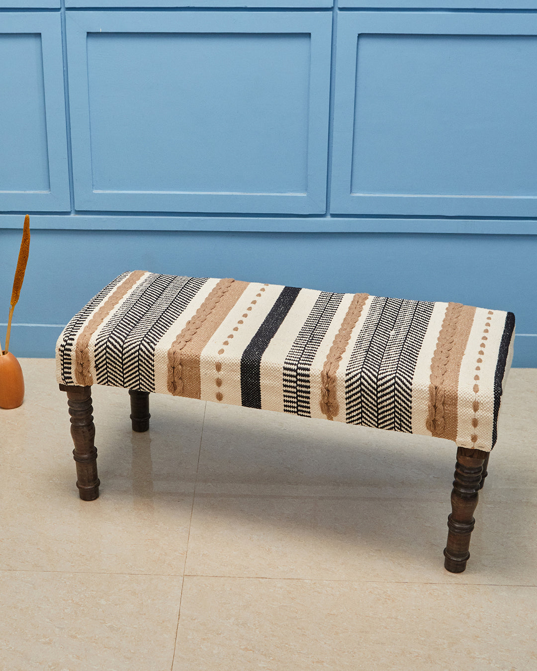Black beige brown striped 4 legged wooden bench with removable legs