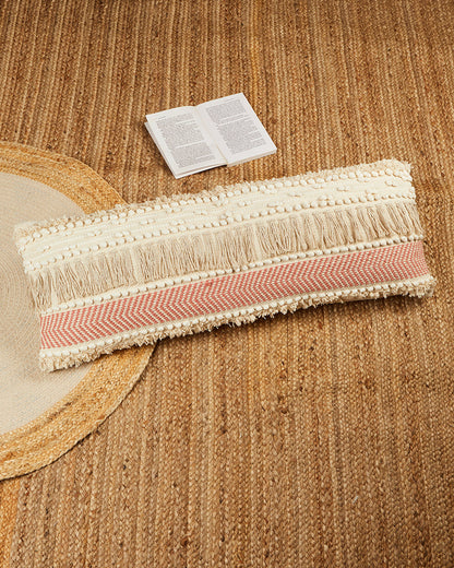 Pink fringes 14 x 36 Beige Cushion cover with tassle