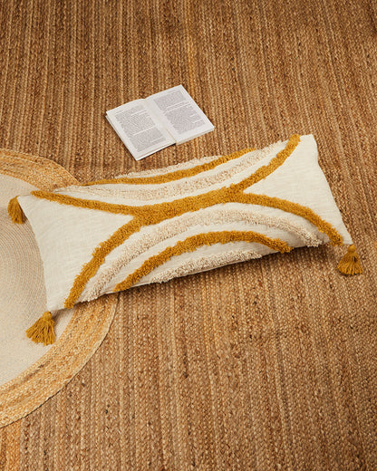 Yellow curves 14 x 36 Beige Cushion cover with tassle