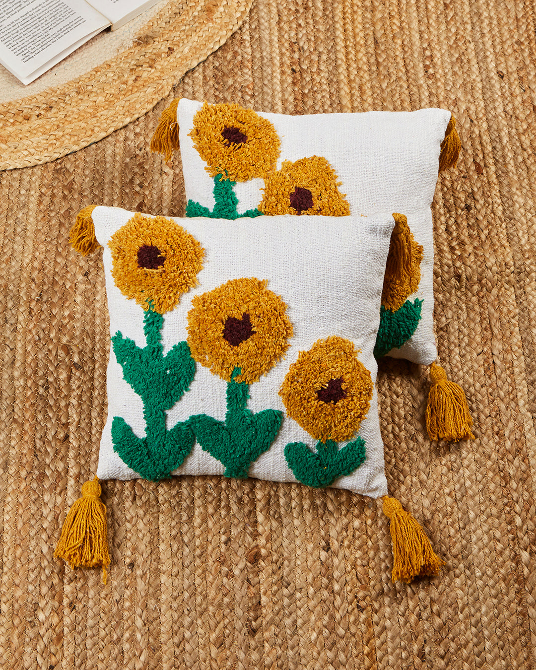 Textured handloom Sunflower 12 x 12 Beige Cushion cover with tassle - Set of 2