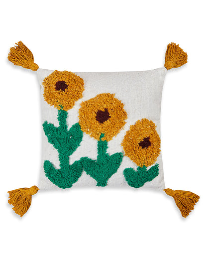 Textured handloom Sunflower 12 x 12 Beige Cushion cover with tassle - Set of 2