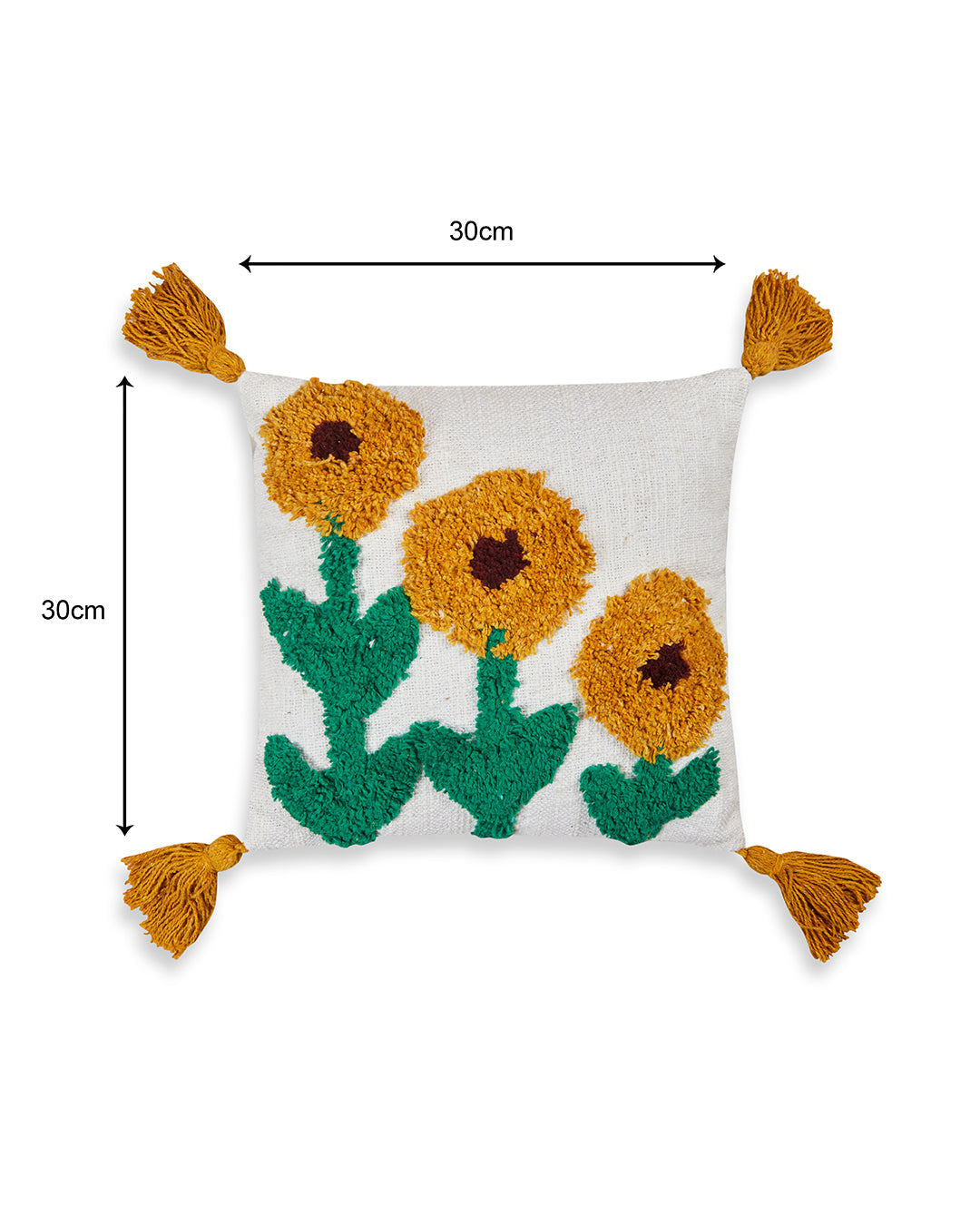 Textured handloom Sunflower 12 x 12 Beige Cushion cover with tassle - Set of 2