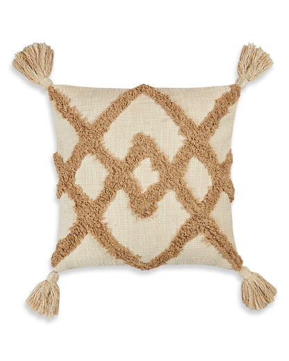 Tufted zigzag 12 x 12 Beige Cushion cover with tassle - Set of 2