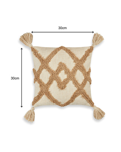 Tufted zigzag 12 x 12 Beige Cushion cover with tassle - Set of 2