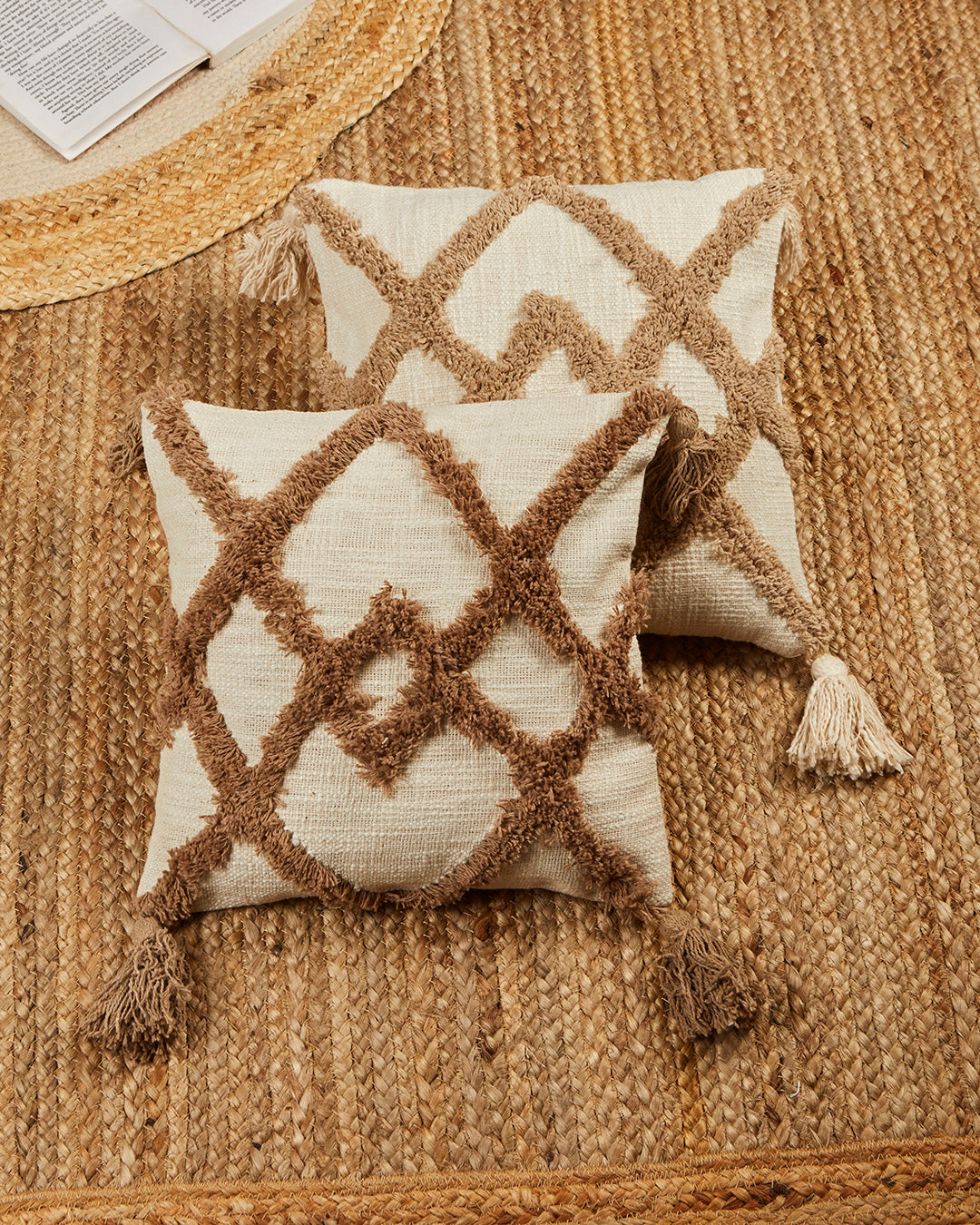 Tufted zigzag 12 x 12 Beige Cushion cover with tassle - Set of 2