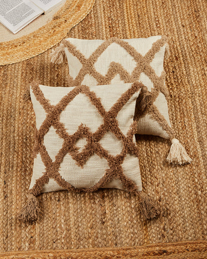 Tufted zigzag 12 x 12 Beige Cushion cover with tassle - Set of 2