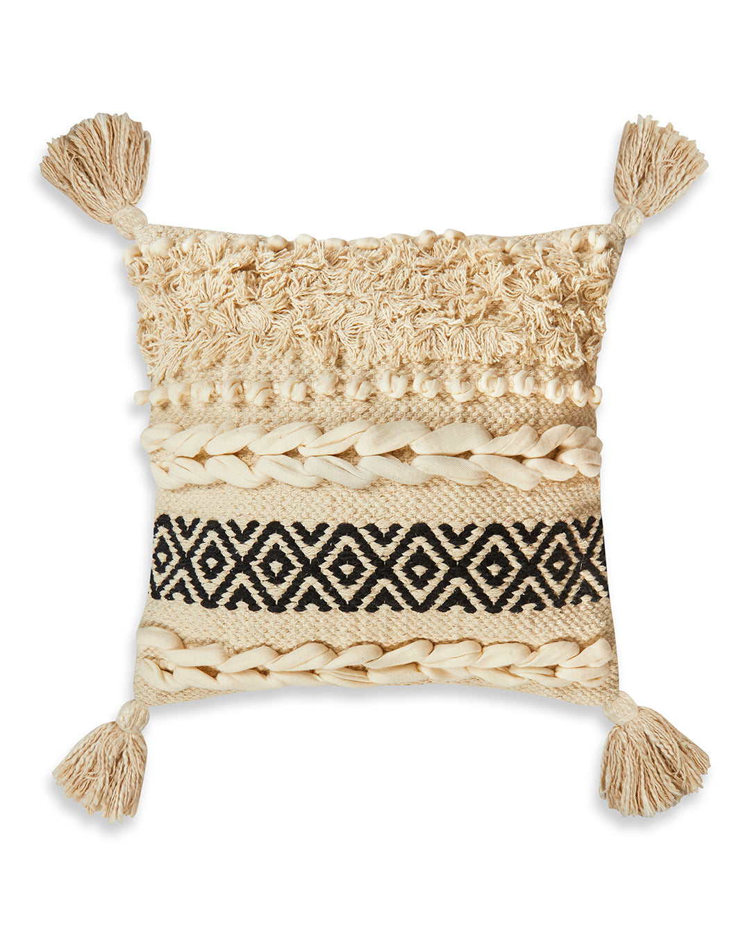 Beige & black bohemian 12 x 12 Cushion cover with tassle - Set of 2