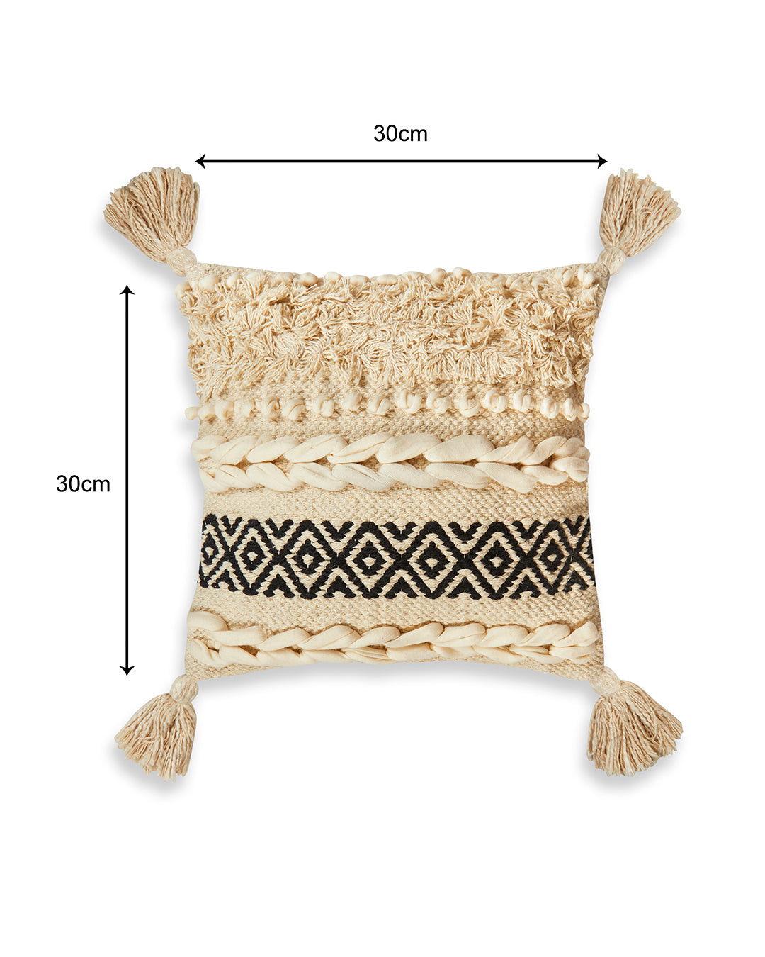 Beige & black bohemian 12 x 12 Cushion cover with tassle - Set of 2