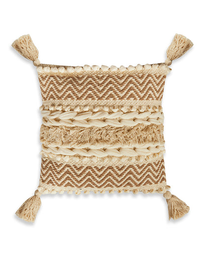 Bohemian with fringes 12 x 12 Beige Cushion cover with tassle - Set of 2