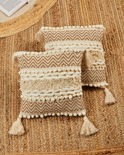 Bohemian with fringes 12 x 12 Beige Cushion cover with tassle - Set of 2
