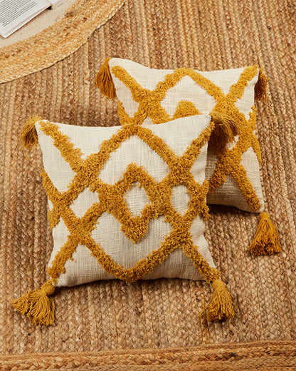 Mustard Yellow zigzag 12 x 12 Beige Cushion cover with tassle - Set of 2
