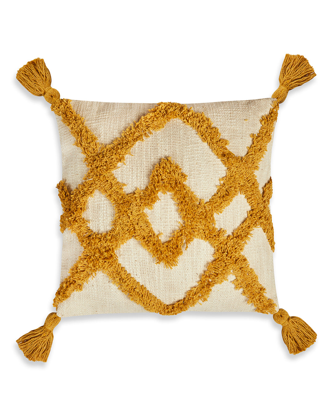 Mustard Yellow zigzag 12 x 12 Beige Cushion cover with tassle - Set of 2