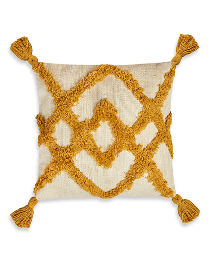 Mustard Yellow zigzag 12 x 12 Beige Cushion cover with tassle - Set of 2