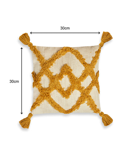 Mustard Yellow zigzag 12 x 12 Beige Cushion cover with tassle - Set of 2