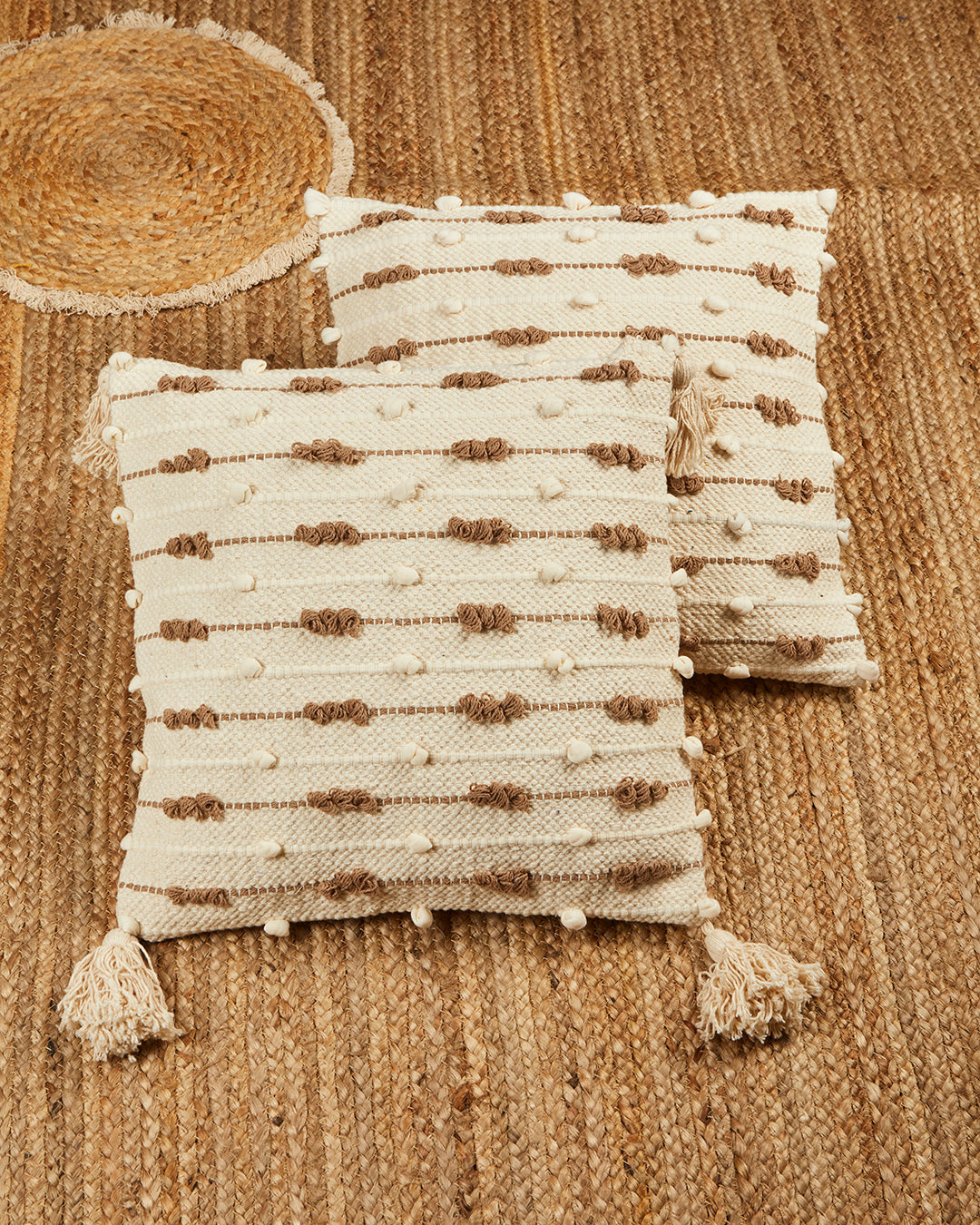 Beige & brown 16 x 16 Cushion cover with tassle - Set of 2