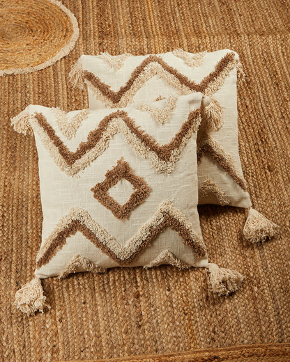 Fab tufting 16 x 16 Beige Cushion cover with tassle - Set of 2