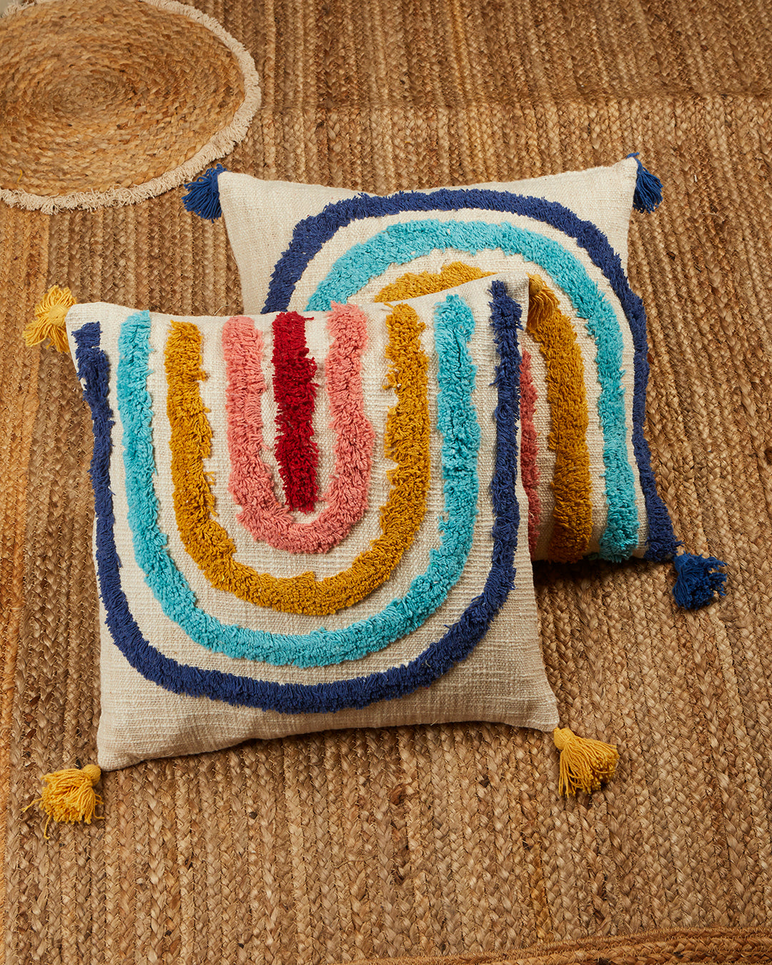 Cute Rainbow 16 x 16 Beige Cushion cover with tassle - Set of 2