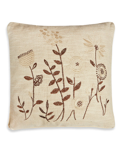 Beige & brown Floral Embroidery 16 x 16 Cushion cover - Set of 2