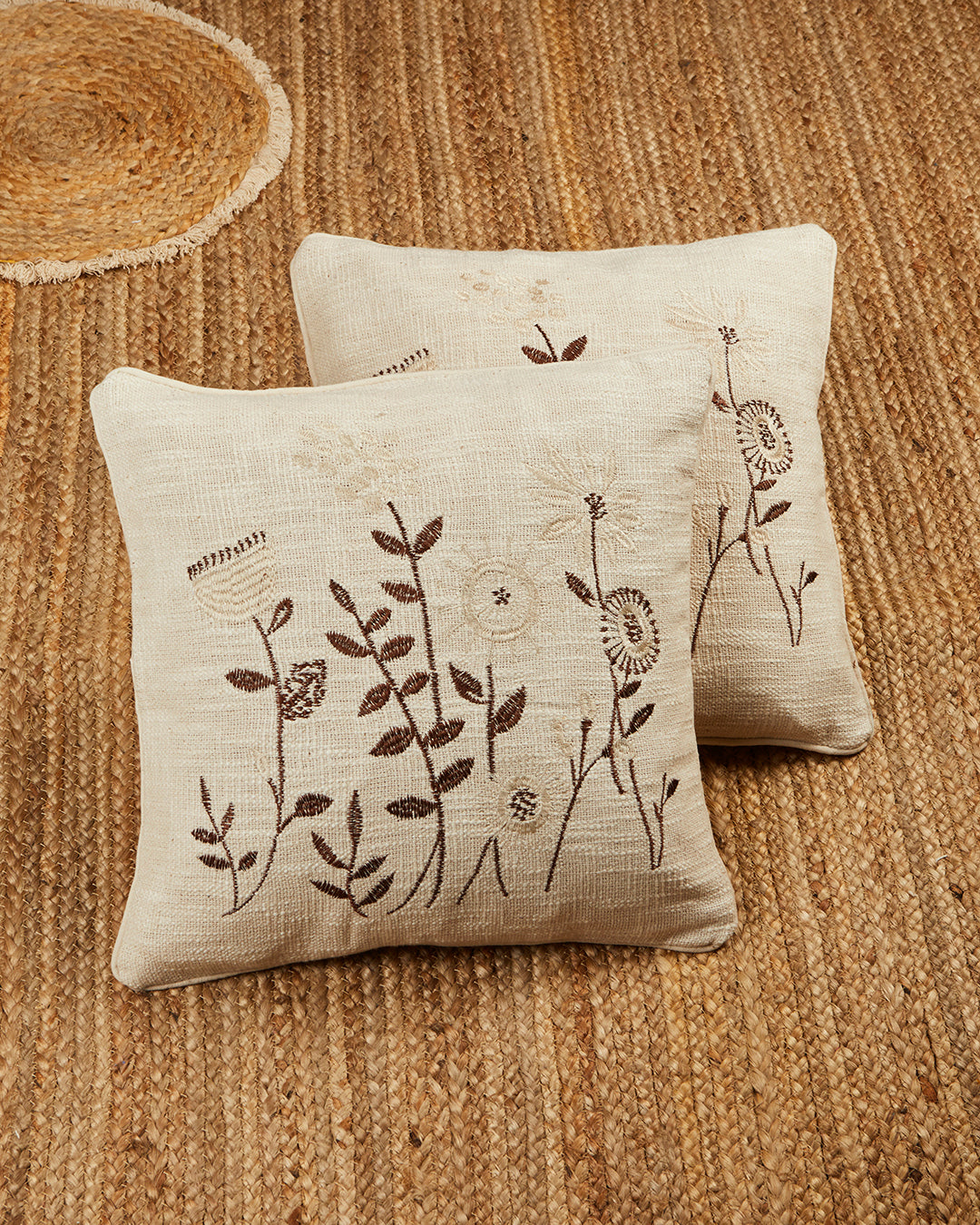 Beige & brown Floral Embroidery 16 x 16 Cushion cover - Set of 2