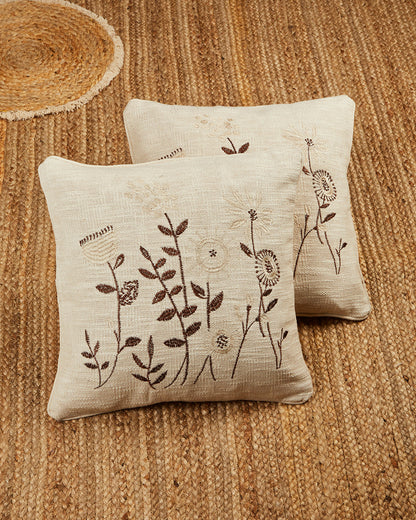 Beige & brown Floral Embroidery 16 x 16 Cushion cover - Set of 2