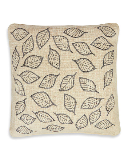 Grey leaves Embroidery 16 x 16 Beige Cushion cover - Set of 2
