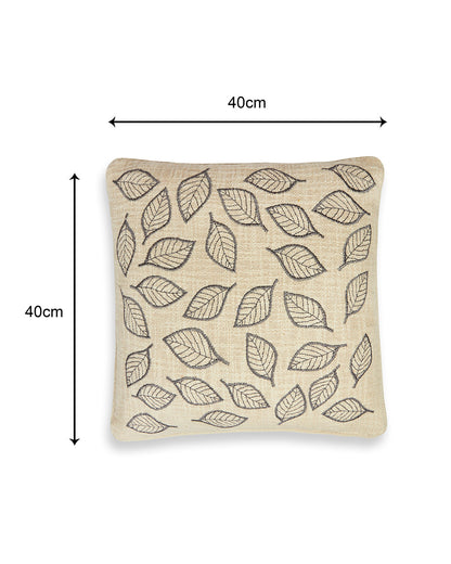 Grey leaves Embroidery 16 x 16 Beige Cushion cover - Set of 2