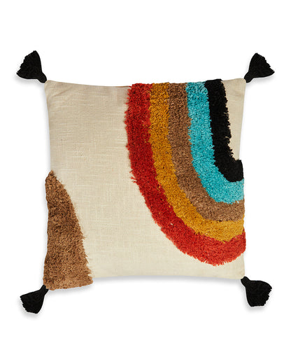 Tufted rainbow 16 x 16 Beige Cushion cover with tassle - Set of 2