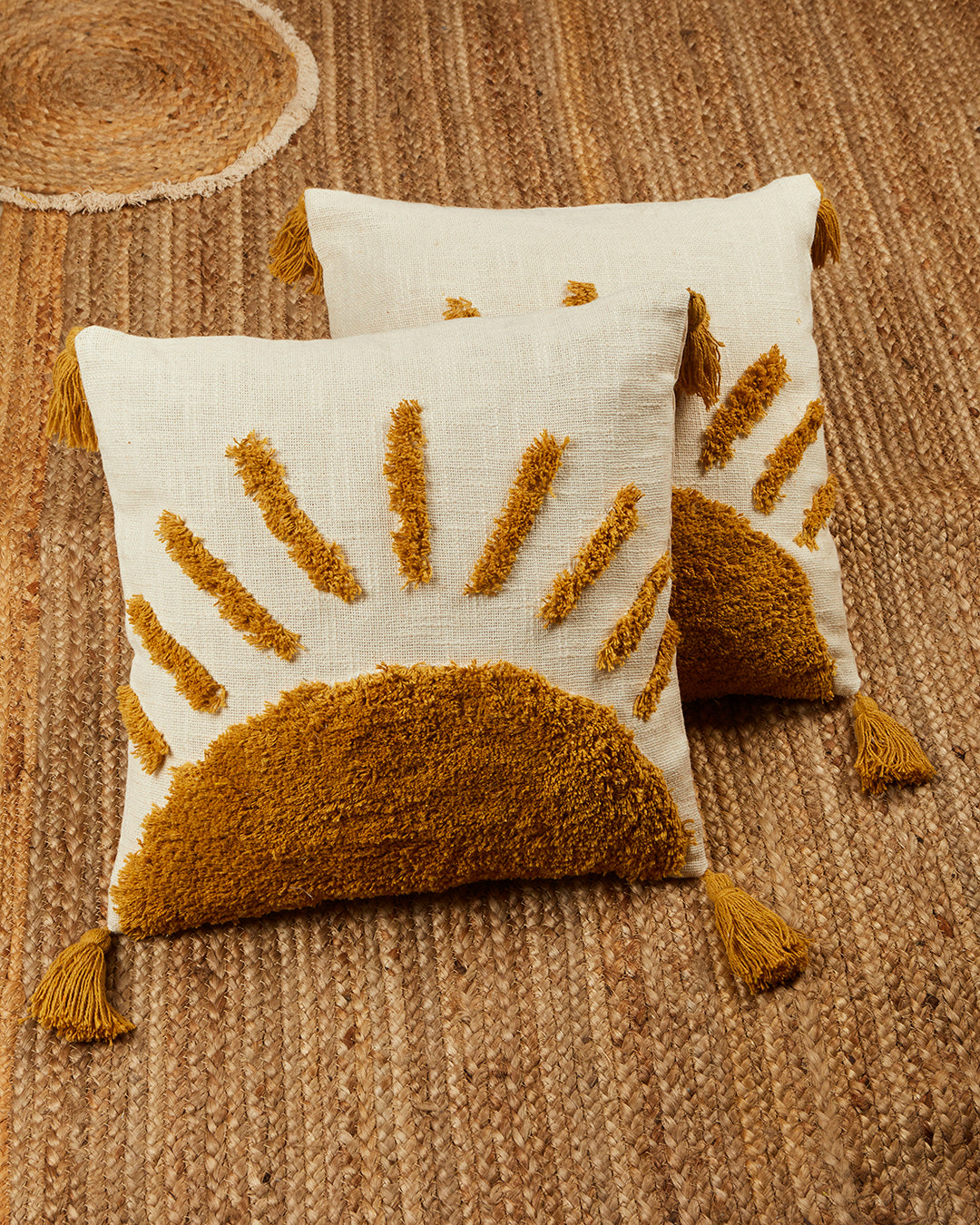 Lovely Rising Sun 16 x 16 Beige Cushion cover with tassle - Set of 2