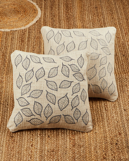 Grey leaves Embroidery 16 x 16 Beige Cushion cover - Set of 2