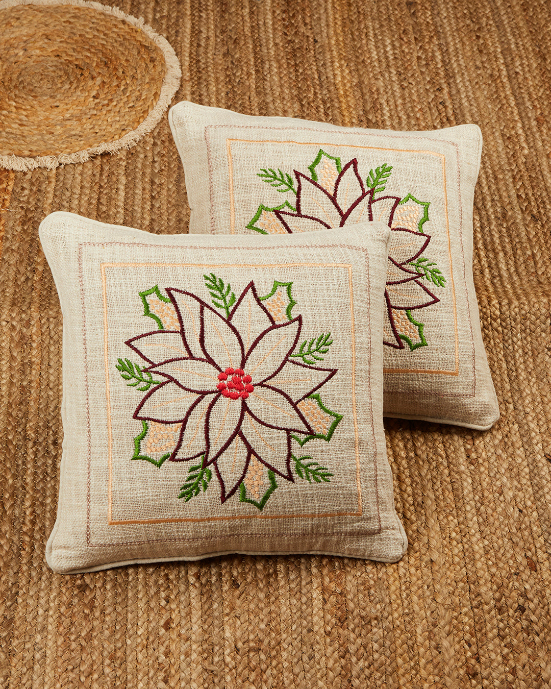 Colourful Embroidery 16 x 16 Beige Cushion cover - Set of 2