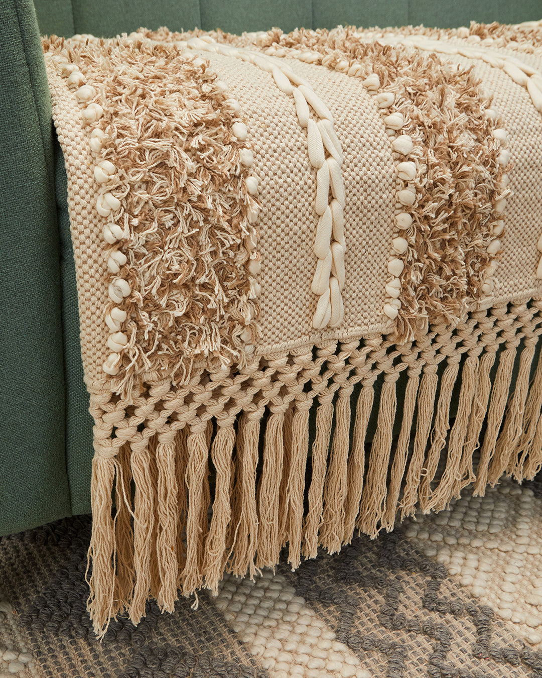 Tufted Beige 3 seater sofa cover with tassles