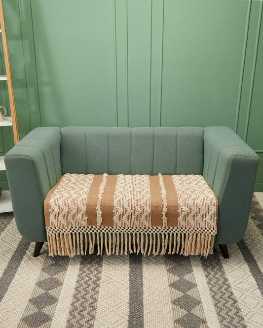 Tassled brown woven 2 seater sofa cover with tassles