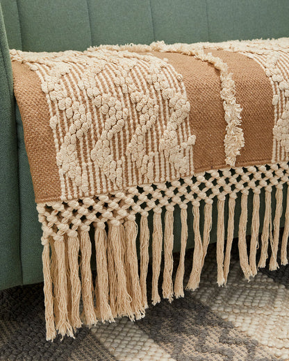 Tassled brown woven 2 seater sofa cover with tassles