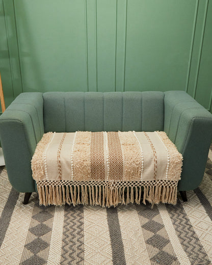 Hand crafted Beige 3 seater sofa cover with tassles