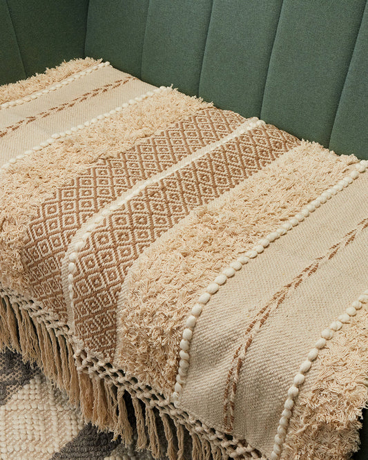 Hand crafted Beige 3 seater sofa cover with tassles