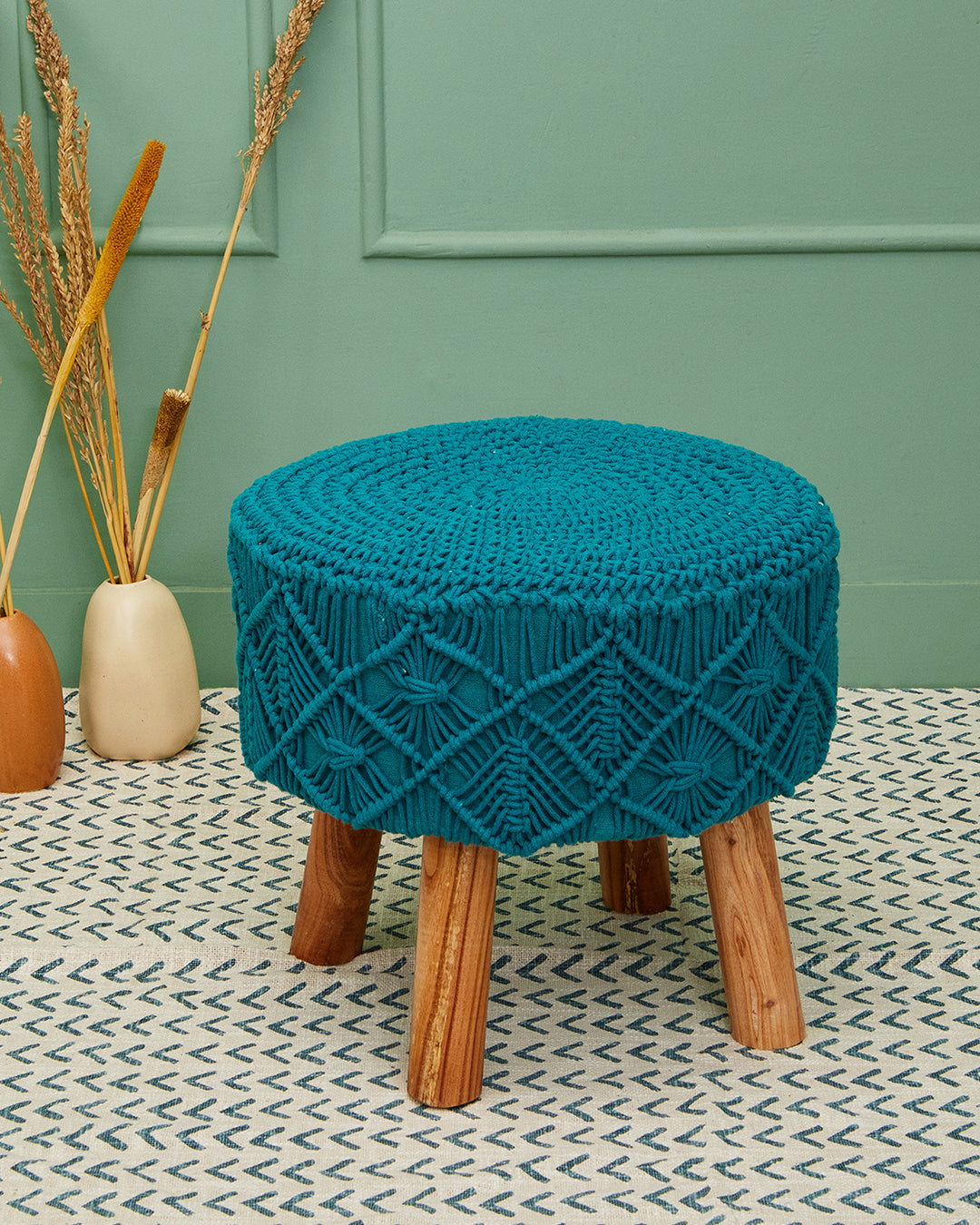 Teal Blue Macreme 4 legged wooden sitting stool/ottoman/muddha/pouffe