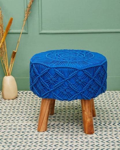 Navy Blue Macreme Knitted 4 legged wooden sitting stool/ottoman/muddha/pouffe