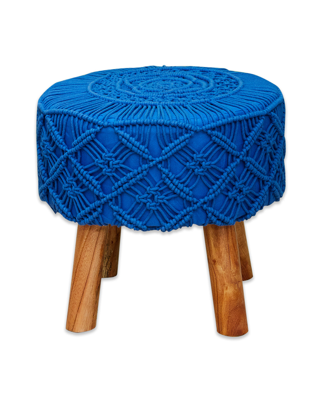Navy Blue Macreme Knitted 4 legged wooden sitting stool/ottoman/muddha/pouffe