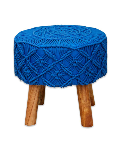 Navy Blue Macreme Knitted 4 legged wooden sitting stool/ottoman/muddha/pouffe