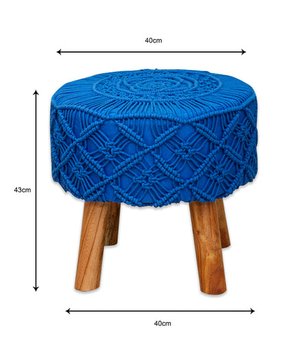 Navy Blue Macreme Knitted 4 legged wooden sitting stool/ottoman/muddha/pouffe