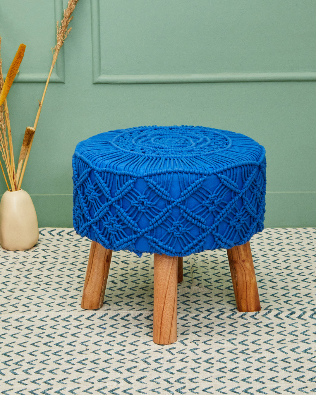 Navy Blue Macreme Knitted 4 legged wooden sitting stool/ottoman/muddha/pouffe