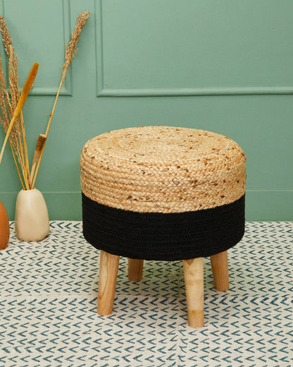 Jute & black cotton 4 legged wooden sitting stool/ottoman/muddha/pouffe