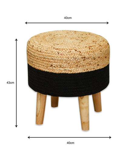 Jute & black cotton 4 legged wooden sitting stool/ottoman/muddha/pouffe