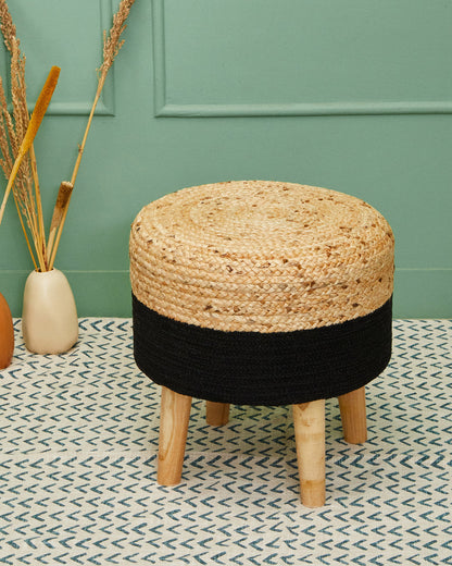 Jute & black cotton 4 legged wooden sitting stool/ottoman/muddha/pouffe