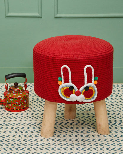 Red cartoon Kids 3 legged wooden sitting stool/ottoman/muddha/pouffe