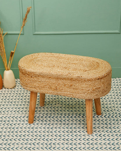 Oval 4 legged wooden jute bench/side table