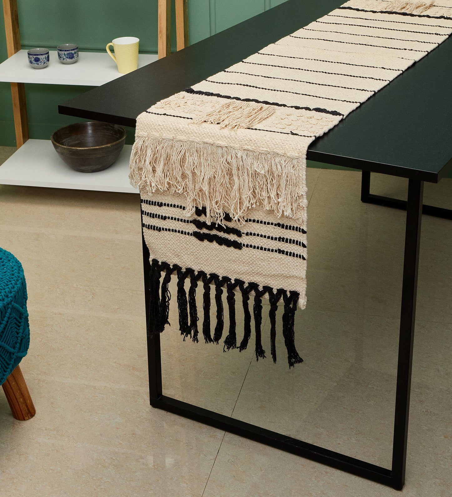 Beige & black table runner with tassles