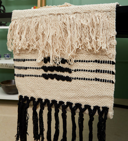 Beige & black table runner with tassles